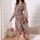 Seta T Women's Boho Floral Dresses A-Line Long Sleeve Chiffon Midi Dress (Orange, L)