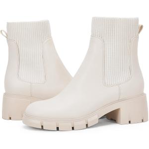 Ruanyu Womens Platform Ankle Boots Elastic Chunky Block Heel Chelsea Booties Lug Sole Non-Slip Combat Shoes (7, White)