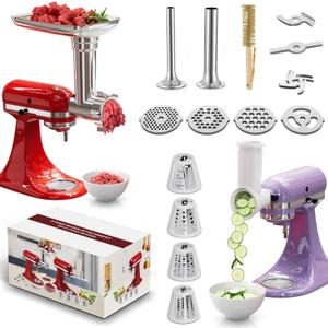 21Pcs Meat Grinder & Cheese Grater Attachment for KitchenAid Stand Mixer, with 4 Grinding Plates, Metal Sausage Stuffer Tubes, 4 Slicer Shredder Attachment, Kitchen Aid Accessories and Attachments