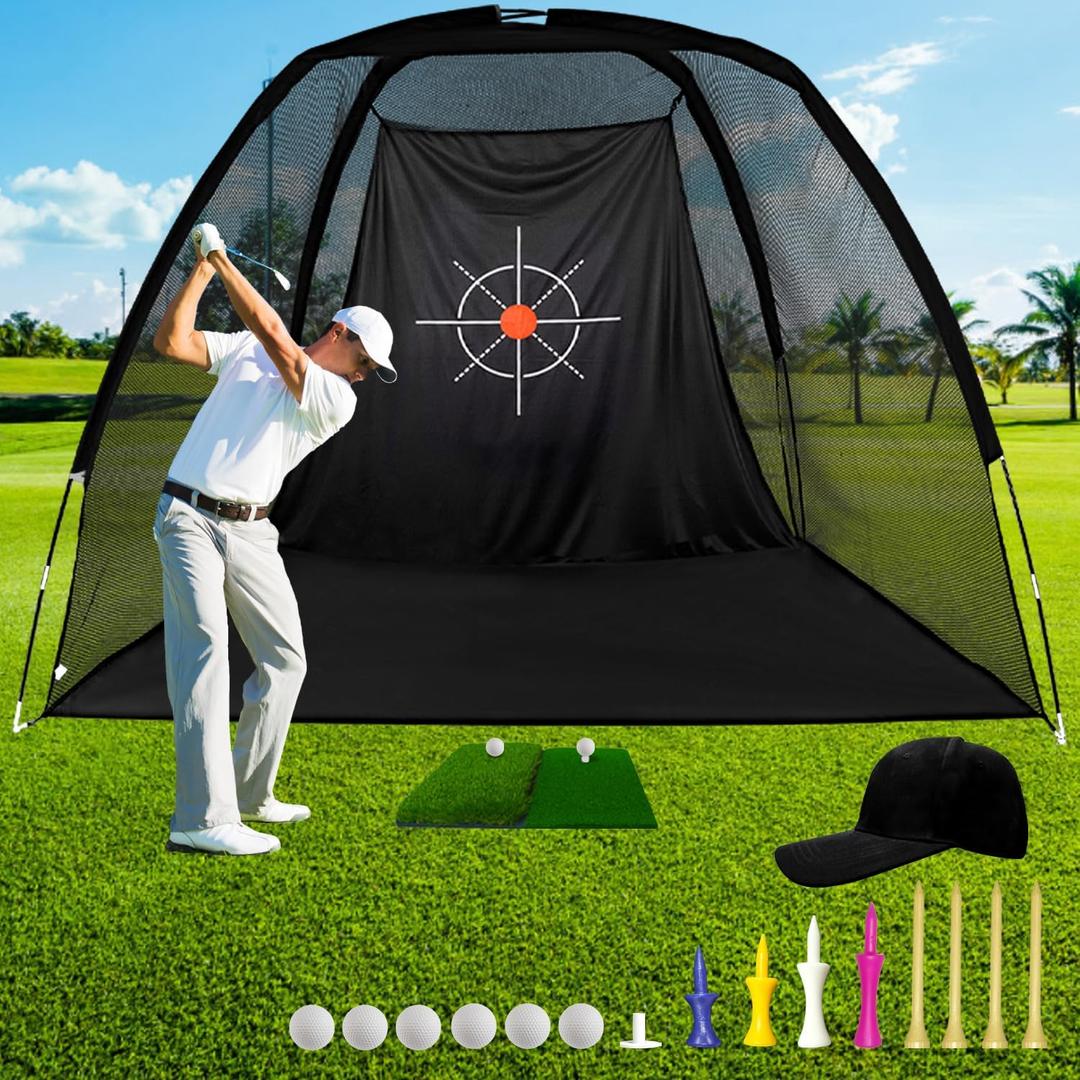 Golf Hitting Practice Nets and Turf Mat Tees for Backyard Driving Gift for Mens Real Indoor Golf Lovers Balls Hitting Driving Nets for Indoor Outdoor Garage Use Golfing Swing Training Impact Cages