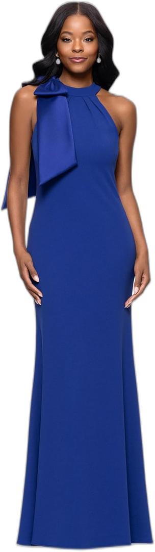 Betsy & Adam Women's Betsy & Adam Women's Chiffon Halter Neck Sleeveless Print Ruffle Floor Length Dress (12, Indigo)