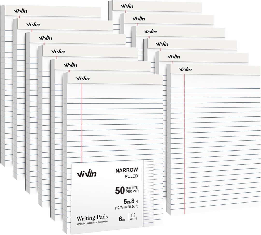 ViVin 5 x 8 Inch Legal Pads, 12 Pack, Narrow Ruled, 50 Sheets Per Writing Pad, Perforated Note Pads Ideal for Home, Office, Business, 600 Sheets, White Paper