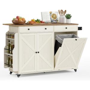 VASAGLE Mobile Kitchen Island with Trash Can Storage, Drop Leaf, Portable Island with Spice Rack, Mobile Cart with Storage Cabinet, for Dining Room, Rustic White and Honey Brown UKKI014WJ01S, x 56.9"w x 35.7"h