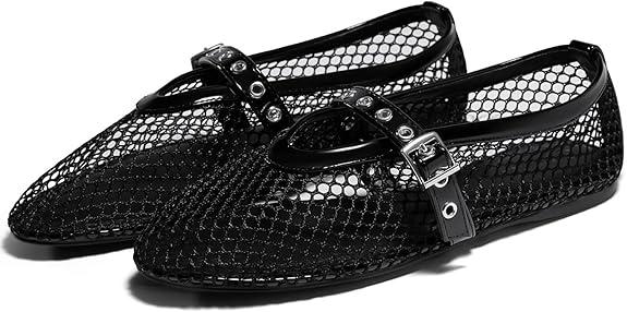 Coutgo Womens Mesh Ballet Flats Mary Jane Fishnet Ballerina Buckle Strap Comfortable Causal Dress Shoes Size 7.5 Black