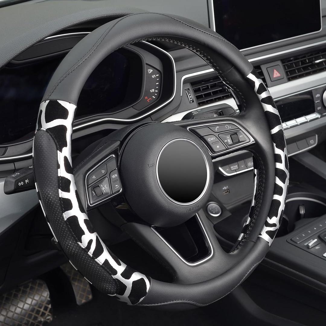 ZHOL Car Steering Wheel Cover, Universal 15 inch Breathable Microfiber Leather Steering Wheel Protector, Anti Slip Car Interior Accessories, Black&Silver