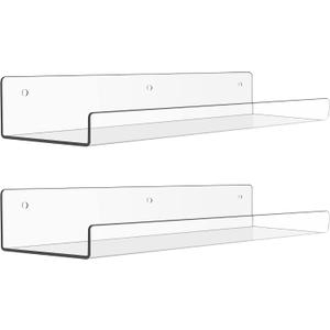 upsimples Acrylic Shelves for Bathroom Storage, 15" Floating Shelves Wall Organizer for Perfume, Make up, Skincare, Kids Bookshelf for Bedroom, Nursery, Living Room Decor, Clear, 2 Pack