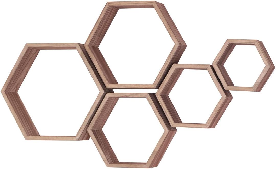 Hexagon Shelves for Wall,Hexagon Floating Shelf Set of 5,Honeycomb Shelves Octagon Hanging Cube Rustic Wood Wall Mounted for Living Room Bedroom Kitchen Bathroom Office Home DecorCarbonized Brown