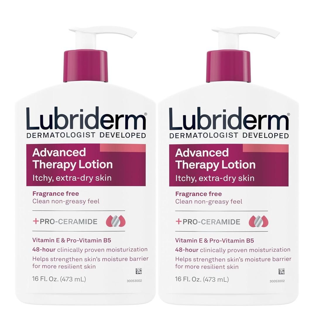 Lubriderm Advanced Therapy Fragrance Free Moisturizing Hand & Body Lotion + Pro-Ceramide with Vitamins E & Pro-Vitamin B5, Intense Hydration for Extra Dry Skin, 16 fl. oz, 2 Pack