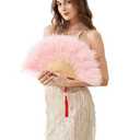 Happy Feather Handheld Marabou Feather Fan, 1920s Vintage Style Flapper Hand Fan for Costume Party and Dancing-Light Pink