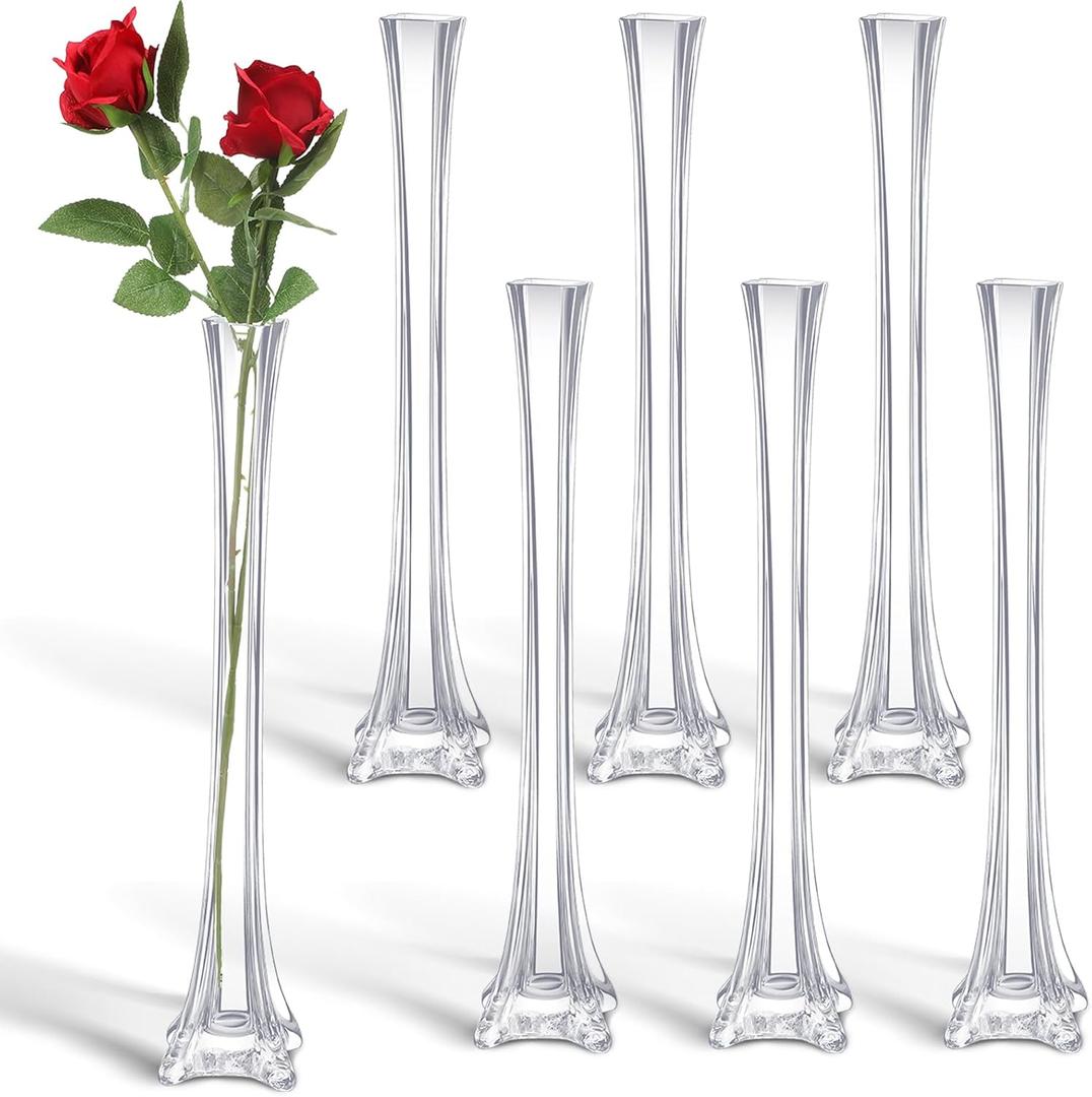 Roshtia 6 Pcs Eiffel Tower Vase Bulk 16 Inch Flute Vases Tall Glass Long Skinny Base Glass for Wedding Centerpiece Flowers Home Table Decorations Formal Dinners (Clear)