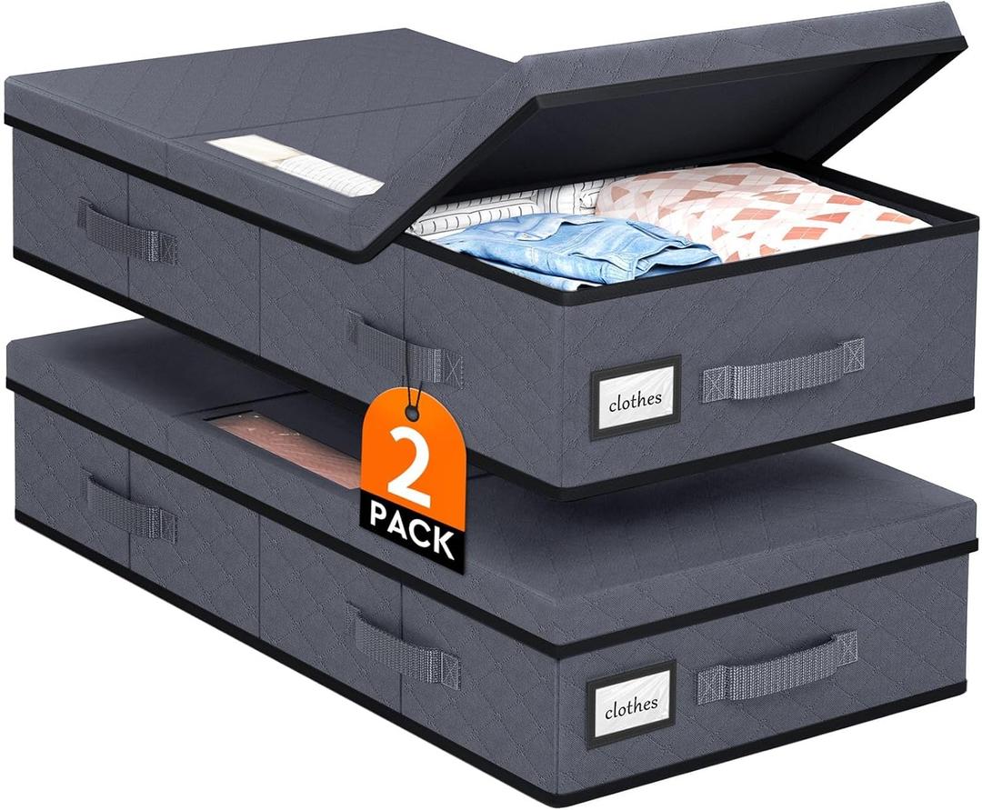 Under Bed Storage Containers with Lids - 2 Pack, Foldable and Stackable Clothes Storage Bags with Clear Window, 3-Sided Handles and Label Slot for Clothing, Blankets, Pillows (Grey)
