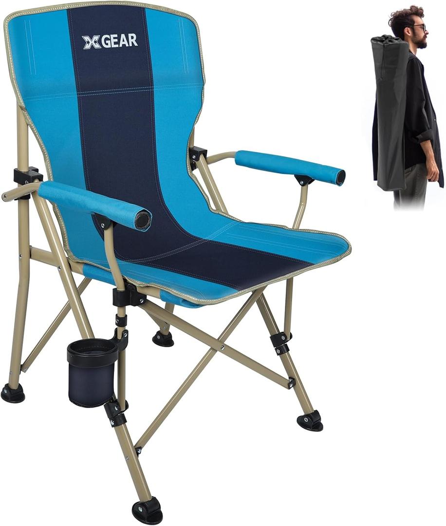 XGEAR Camping Chair with Padded Hard Armrest, Sturdy Folding Camp Chair with Cup Holder, Storage Pockets Carry Bag Included, Support to 400 lbs (1-Light Blue)