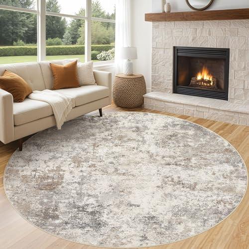 UERMEI 8ft Round Area Rug Living Room Rugs - 8x8 Washable Neutral Modern Abstract Soft Thin Rug Indoor Floor No Slip Rug Carpet for Bedroom Under Dining Table Home Office Decor - Brown Grey