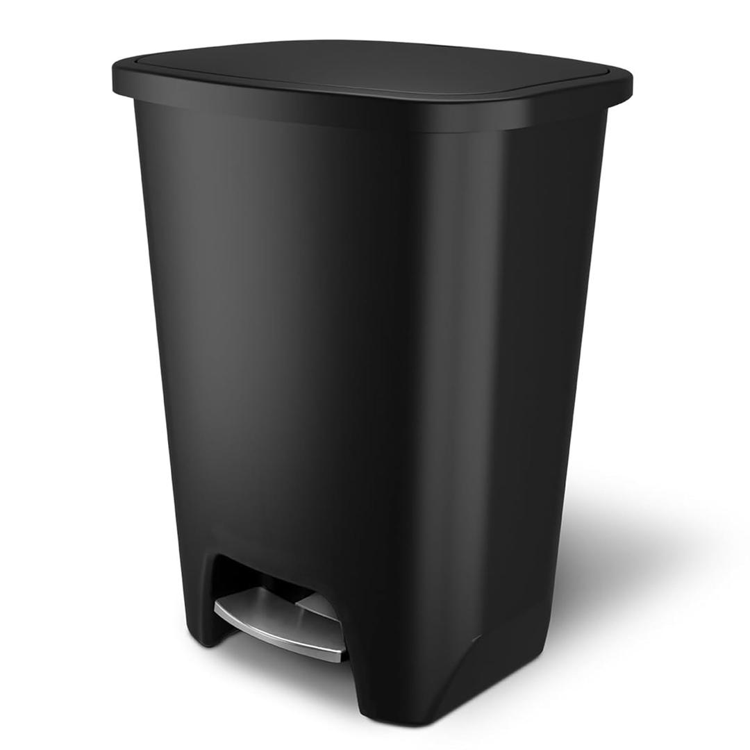 Glad Premium 20 Gallon Trash Can - Plastic Kitchen Waste Bin with Odor Protection of Lid, Stainless Steel Step On Foot Pedal and Garbage Bag Rings, Black