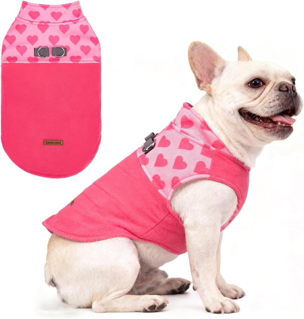 EXPAWLORER Fleece Dog Sweater - Valentine's Day Romantic Heart Dog Jacket, Winter Coat Vest with 2 D-Rings for Leash, Warm Pet Cold Weather Clothes Sweatshirt Outfits for Puppy Boys or Girls Pink M