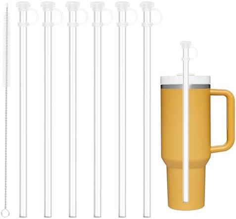 Replacement Straw with Cover Cap for Stanley Cup 40 oz 30 oz 64oz Tumbler, 6PCS Reusable Long Clear Straw with Toppers for Stanley Cup Accessories, Dishwasher Safe, BPA Free, Set of 10