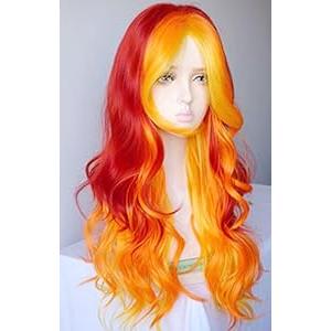 Orange Yellow Wigs for Women, Orange Ombre Fire Wig Costume Wig And Flow Curl Synthetic Wigs Halloween Costume Wig For Women