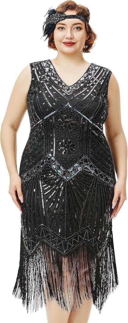 BABEYOND Women's Plus Size Flapper Dresses 1920s V Neck Beaded Fringed Great Gatsby Dress (5X-Large, Glam Black)