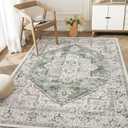 LIVEBOX Washable Area Rug 4x6 Vintage Tribal Bedroom Rugs Vintage Low-Pile Indoor Rug for Living Room, Non-Slip Retro Carpet Print Distressed Accent Carpet for Kitchen Entryway Office Camper, Sage