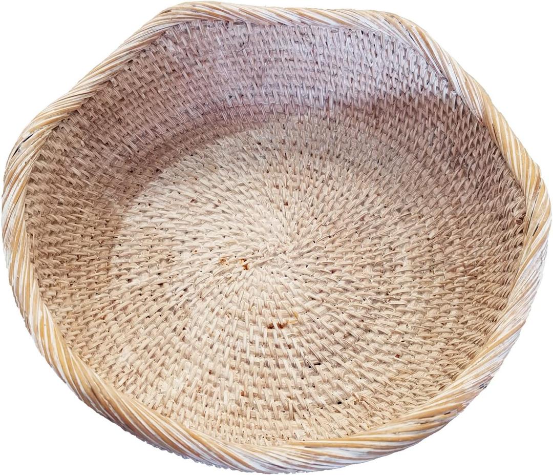 Handmade White Rattan Round Fruit Basket Food Storage Bowls Kitchen Organizer Snack Serving Bowl Wavy Edge Circle Tray Basket, Boho Home Dcor Display Tray for Table, Dining Room,M (M - D10 x H2.8 inch)