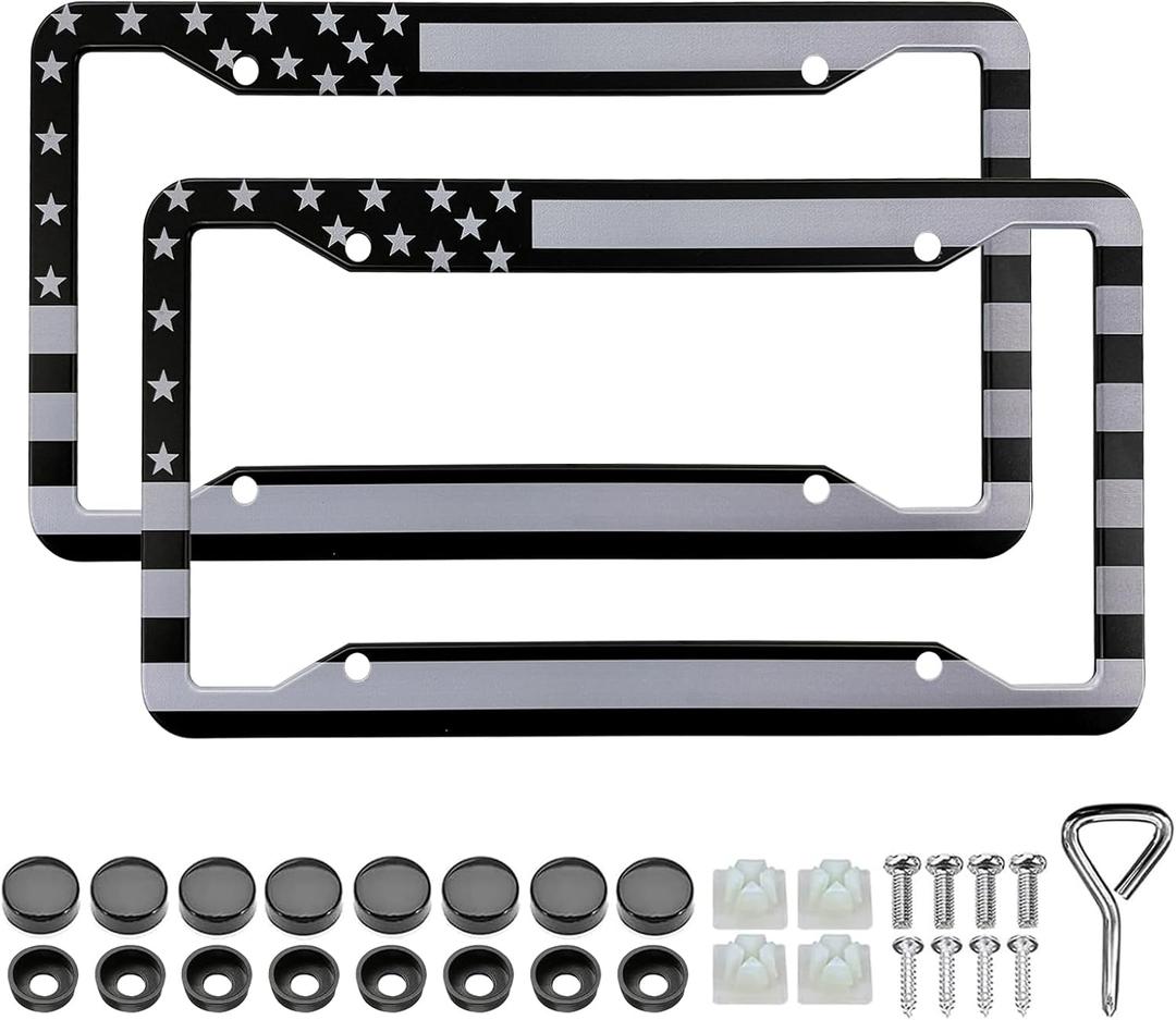 Black American Flag License Plate Frames - 2 Pack Patriotic USA Flag Aluminum Metal License Plate Holder Covers,Rust-Proof Waterproof Car Decorative Tag Frames for Standard US 12x6 Inch