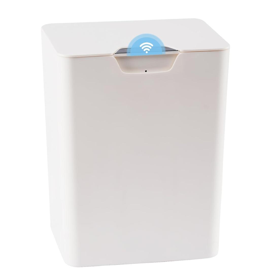 YOGOODS 4 Gal Bathroom Trash Can with Lid, Automatic Trash Can Small Smart Garbage Can Touchless, Slim Motion Sensor Waterproof Plastic Trash Bins for Bedroom Office Kitchen Toilet(White)