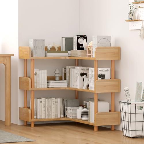 OSCHF Wooden Reversible Corner Bookshelf - Modern 3 Tiers L-Shaped Bookcase with Solid Wood Frame and Edge Protection for Home and Office, Open Storage Shelf, Oak