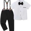 SANMIO Toddler Baby Boy Clothes Suit Gentleman Wedding Outfits, Formal Dress Shirt with Bowtie + Suspender Pants 12-18m