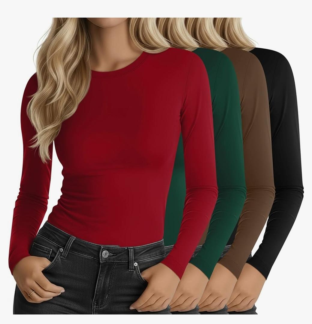 Neer 4 Pack Women's Long Sleeve Shirts Underscrub Crew Neck Slim Fit Undershirts Stretchy Casual Tight Tops S