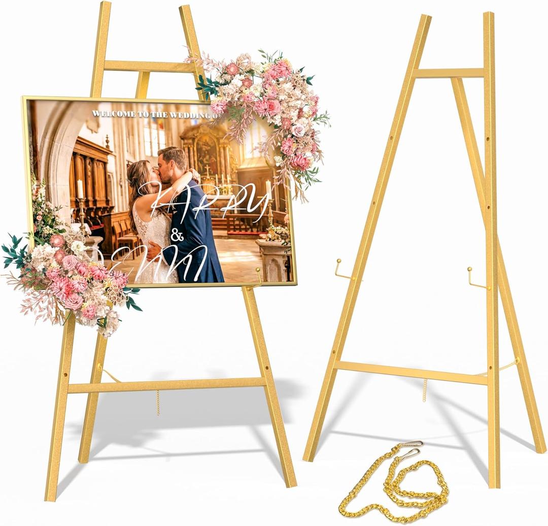 Gold Metal Easel Stand for Sign,Heavy Duty Art Easel with Adjustable Chain,Tripod Structure,4-Level HeightEasels for Wedding Welcome Sign Holder,Baby Shower Poster,Birthday Party,Posters.