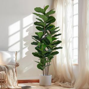 Faux Fiddle Leaf Fig Tree 6 FT - Artificial Ficus Tree with Tall Artificial Plants Large 69 Fiddle Leaves - Lifelike Fake Trees for Home Decor Living Room Indoor Outdoor