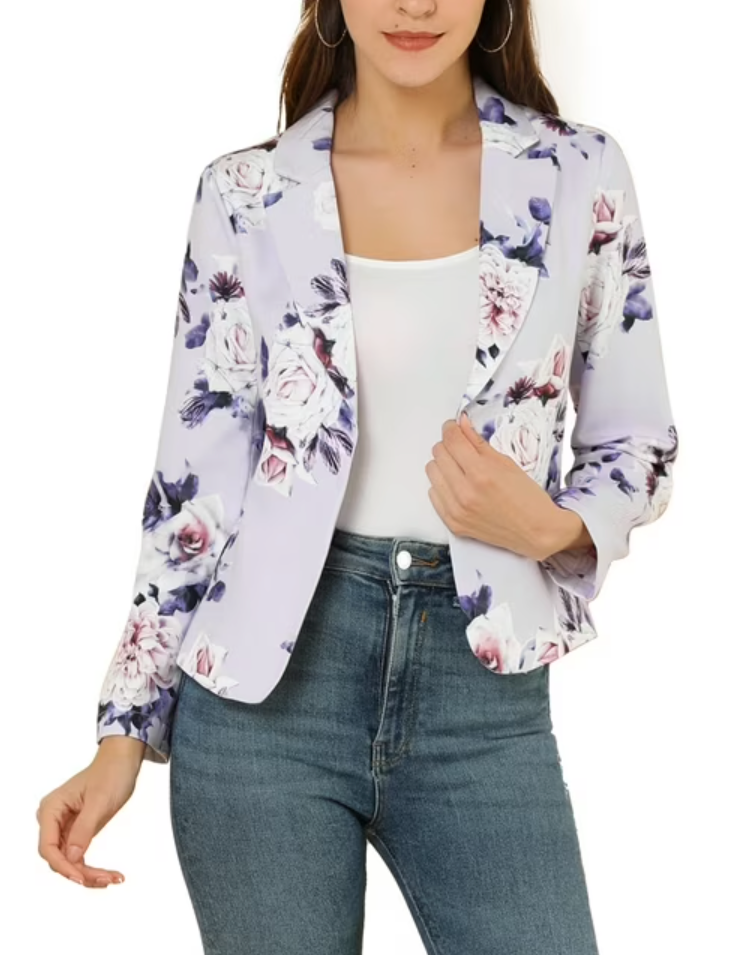 Allegra K Women's Open Front Office Work Business Lightweight Summer Crop Suit Blazer L Purple-Floral
, Size XL