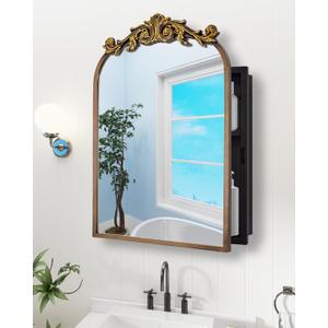20"x30" Vintage Arched Bathroom Medicine Cabinet with Mirror, Hand-Painted Flower on Aluminum Frame Art Decor Medicine Cabinets Recessed / Wall Mounted, 2 Stable & Removable Shelves and 1 Organizer