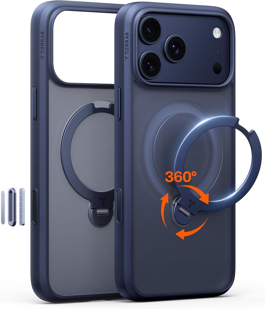 TORRAS Ostand Q3 Spin for iPhone 17 Pro Case with 360 Magnetic Stand, Fit for MagSafe, Camera Control, Built-in Kickstand, 4X Military-Grade Shockproof Slim Phone Case for iPhone 17 Pro, Deep Blue