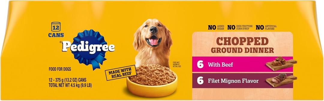 Pedigree Chopped Ground Dinner Wet Dog Food Filet Mignon & Beef Variety Pack, 13.2 oz. Cans (12 Count, Pack of 1), BB: 05/2027