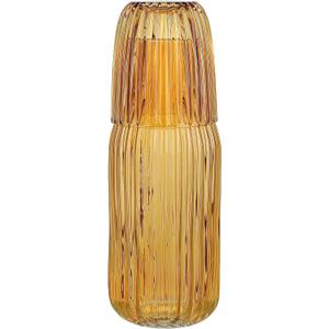 elle decor Ribbed Bedside Water Carafe with Tumbler Set | Ribbed Glass Pitcher and Matching Drinking Glass Doubles as Lid | 39-Ounce Jug for Guest Room, Office, or Gift | 4 x 9.5 (Amber)