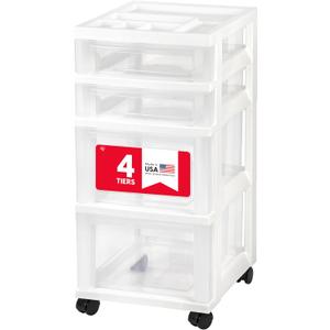 IRIS USA Plastic Drawer Storage Organizer Rolling Cart, with Wheels Casters, 4-Drawers, for Classroom Art Craft Supplies Dresser Closet Bathroom Laundry Room, White/Clear (Standard)