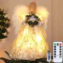 SINTENILL 12.5" Angel Christmas Tree Topper with Lights, Lighted Angel Tree Topper with White Feather Wings and Garland, Remote Control, Timer & USB Powered for Indoor Holiday Decoration (Ivory Gold)