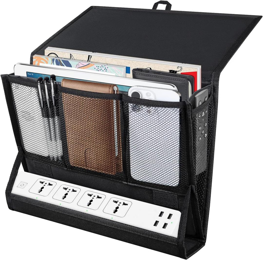 AKAYOK Bedside Caddy Hanging Bed Organizer Storage Bag Pocket with Power Strip Holder Multi-functional Organizer Caddy for Remotes Phone Glasses Magazines, Tablets, Accessories (7 pocket)