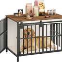 Hzuaneri 27.2" Dog Crate Furniture with Barn Door, Heavy Duty Dog Kennel Indoor with 2 Doors, Wooden Pet Cage End Table for Small Medium Dogs up to 22 Ib, Anti-Chew Anti-Escape, White Brown DFC84314B