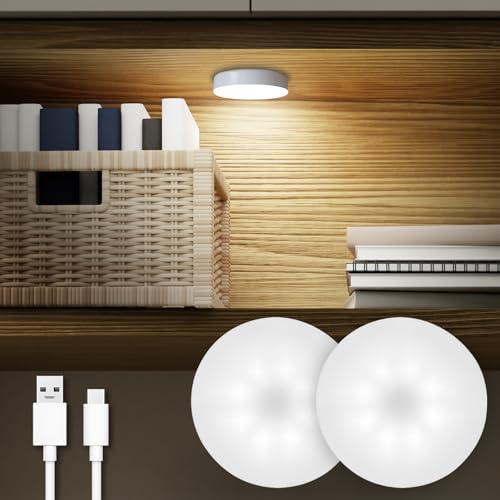 DAZZY DOT Rechargeable Puck Lights 2 Pack, Dimmable Touch Light Stick on for Closet, Magnetic Tap Light 1000mAh Battery Powered, Portable Led Light Cool White for Locker, Cabinet, Bedside, Kitchen