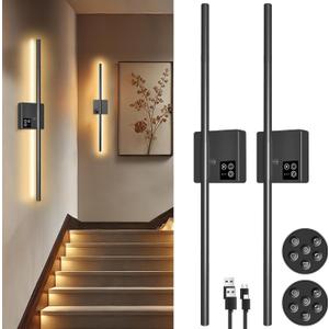 31in Wireless Wall Sconces Set of Two, [Creates Sunset Glow Ambiance] Dimmable 2700K6000K with 8000mAh Battery & Display, Touch/Remote Control, Rechargeable Wall Lamps for Home Decor  Black