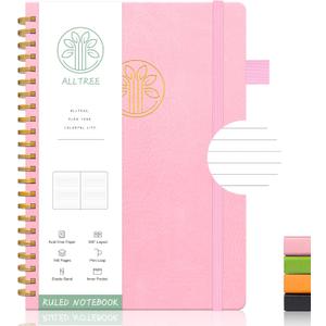 Alltree Lined Journal Notebook, Hardcover Spiral Notebook for Work, Hardcover Spiral Notebook with Tabs, Pen Loop, Pocket, Stickers, 160 Pages, Journal for Women & Men, Pink (6"x8.5")