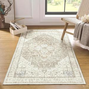3x5 Area Rug, Washable Non Slip Neutral Farmhouse Persian Front Door Rug for Entry, Tan Beige and Light Brown with Terracotta Pattern (Coffee/Rust Brown)