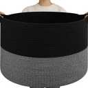 OIAHOMY 115L Extra Large Blanket Basket, 23.6" x 15.4" Woven Cotton Rope Laundry Basket for Organizing Pillows, Decorative Stuffed Animal Toy Storage Bin for Nursery, Black and Grey