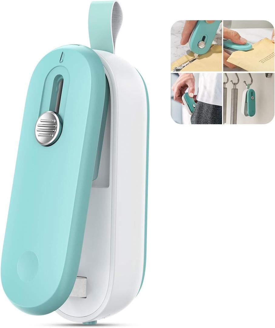 ODSD 2 in 1 Mini Bag Sealer - Heat Seal and Cutter with Lanyard, Portable Handheld Chip Bag Sealer for Snacks, Candies, Plastic Food Storage (Batteries Included) (Green/White)