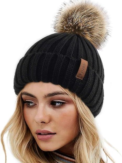 FURTALK Womens Winter Knitted Beanie Hat with Faux Fur Pom Warm Knit Skull Cap Beanie for Women, Black