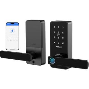 DESLOC B200L Fingerprint Smart Lock with Handle, Keyless Entry Door Locks for Front Door and Bedrooms, App Control, Touchscreen Keypad, Auto-Lock, 12-Month Battery, Emergency Power Port, IP54 Black (152*63.5*30mm)
