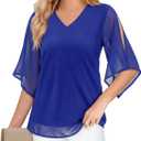 Uhiger 3/4 Length Sleeve Womens Tops V Neck Chiffon Blouse Dressy Casual Double Layered for Weekend Outings and Everyday Wear (Medium, Royal Blue)