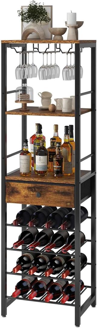 IBUYKE Wine Rack Freestanding Floor, Bar Cabinet for Liquor and Glasses,4-Tier Wood Coffee Bar Cabinet,Glass Holder and Storage Drawer for Home Bar Kitchen Living Room,Rustic Brown UTMJ905H (15.7x11.4x58 inch)